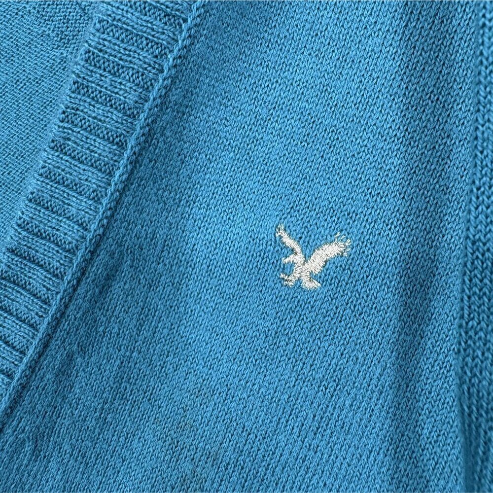 American Eagle Outfitters Women's V-Neck Hooded Sweater M Teal Logo Y2k Preppy - Picture 3 of 12